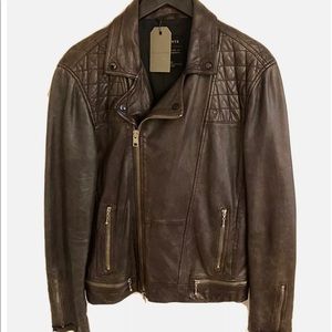 NWT  Mens AllSaints Rowley Leather Biker Jacket Bitter Brown